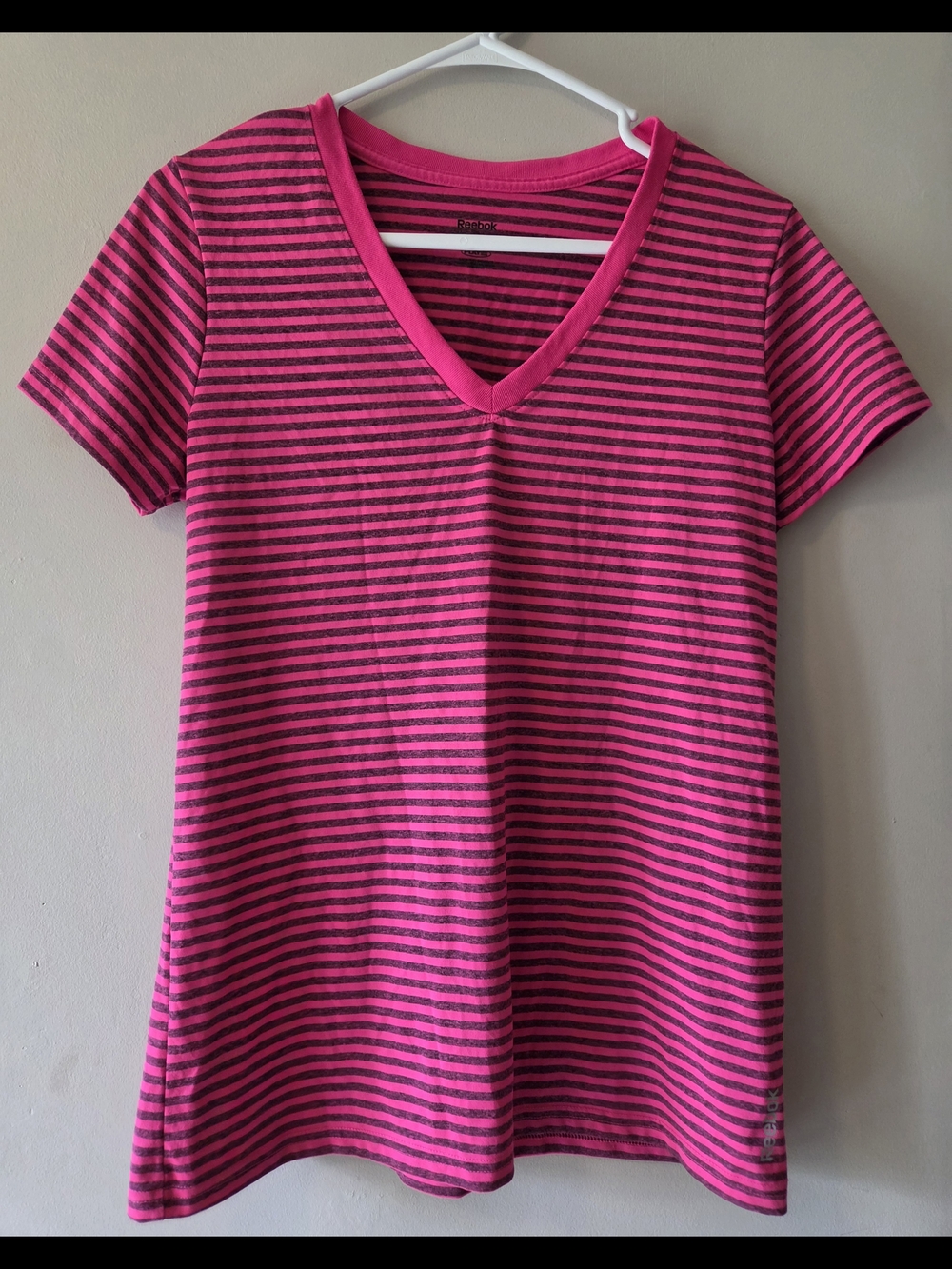 Reebok Hot Pink and Black Striped V-Neck Tee Reebok